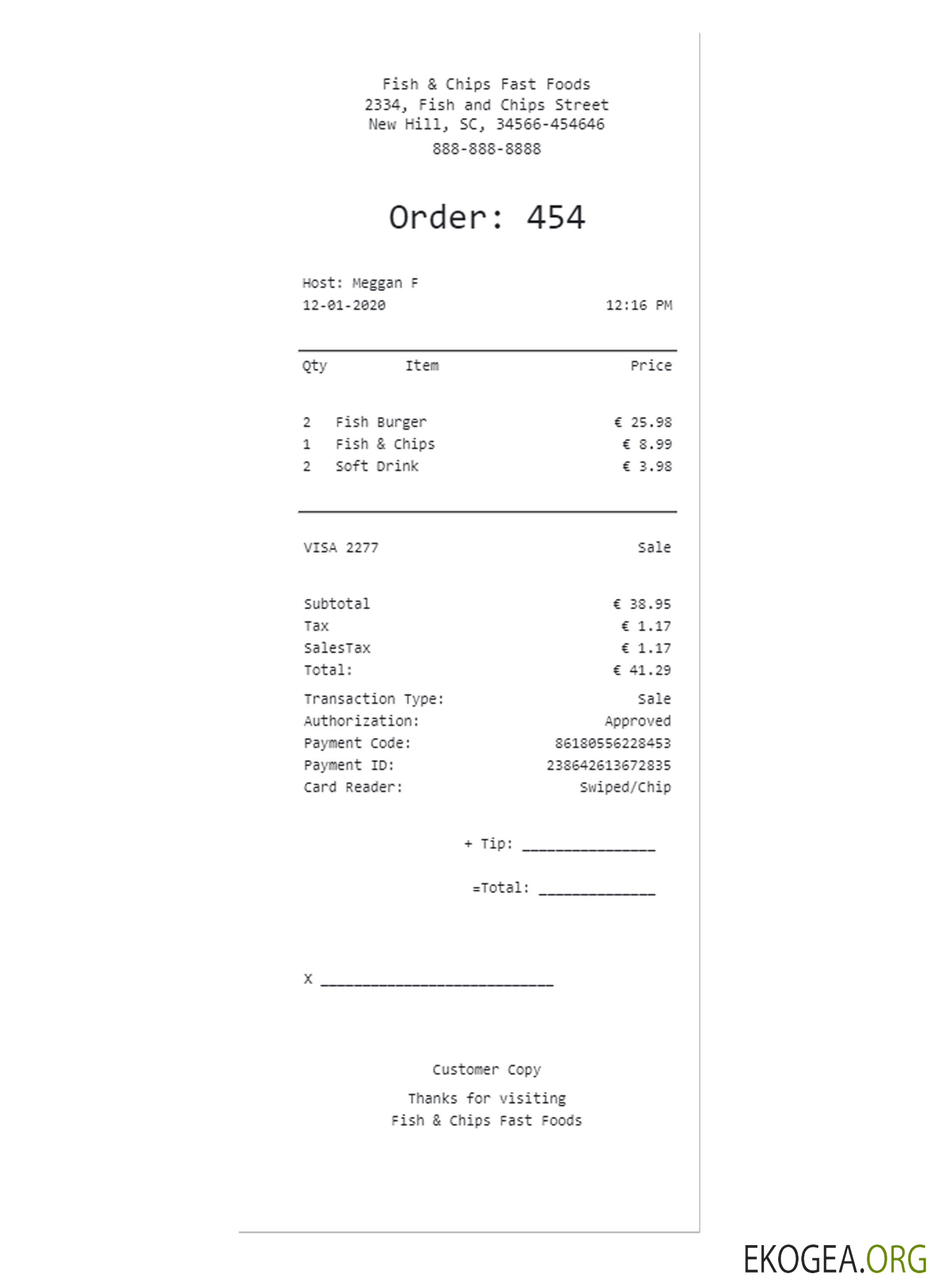 Reçu de paiement FAST FOOD